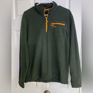 Orvis Men's Dark Green Zip-Up Sweater with Bright Orange Details